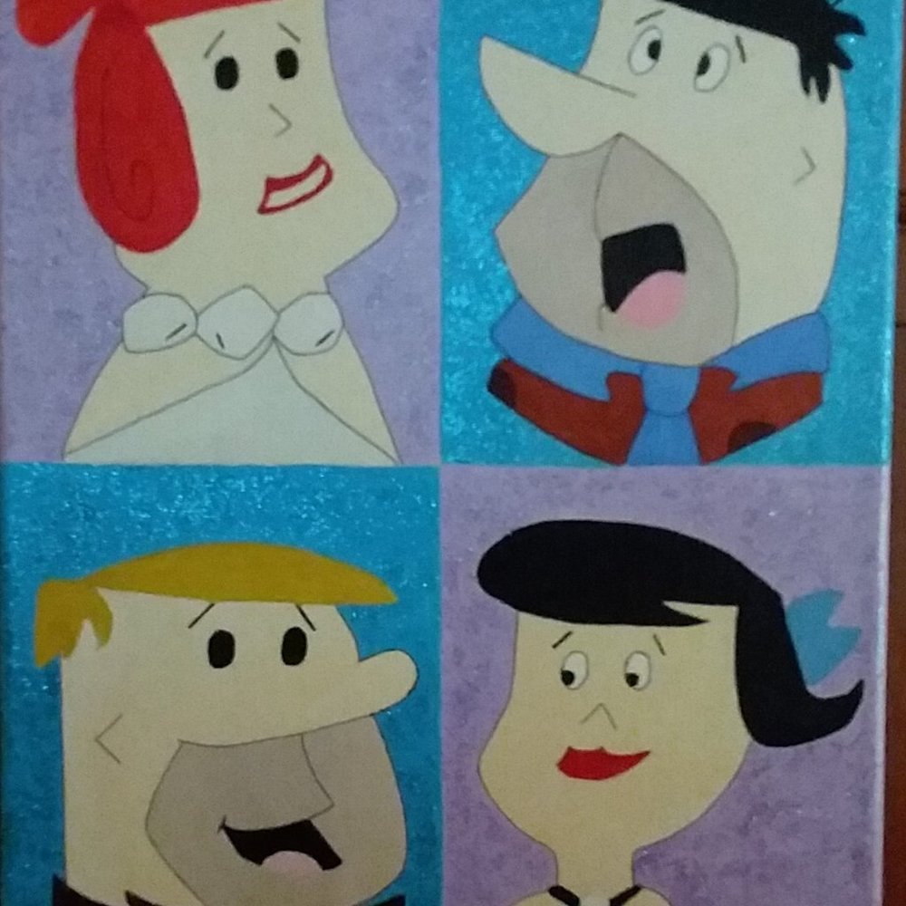 Sparkling Unframed Acrylic Painting of the Flintstones, Free Shipping